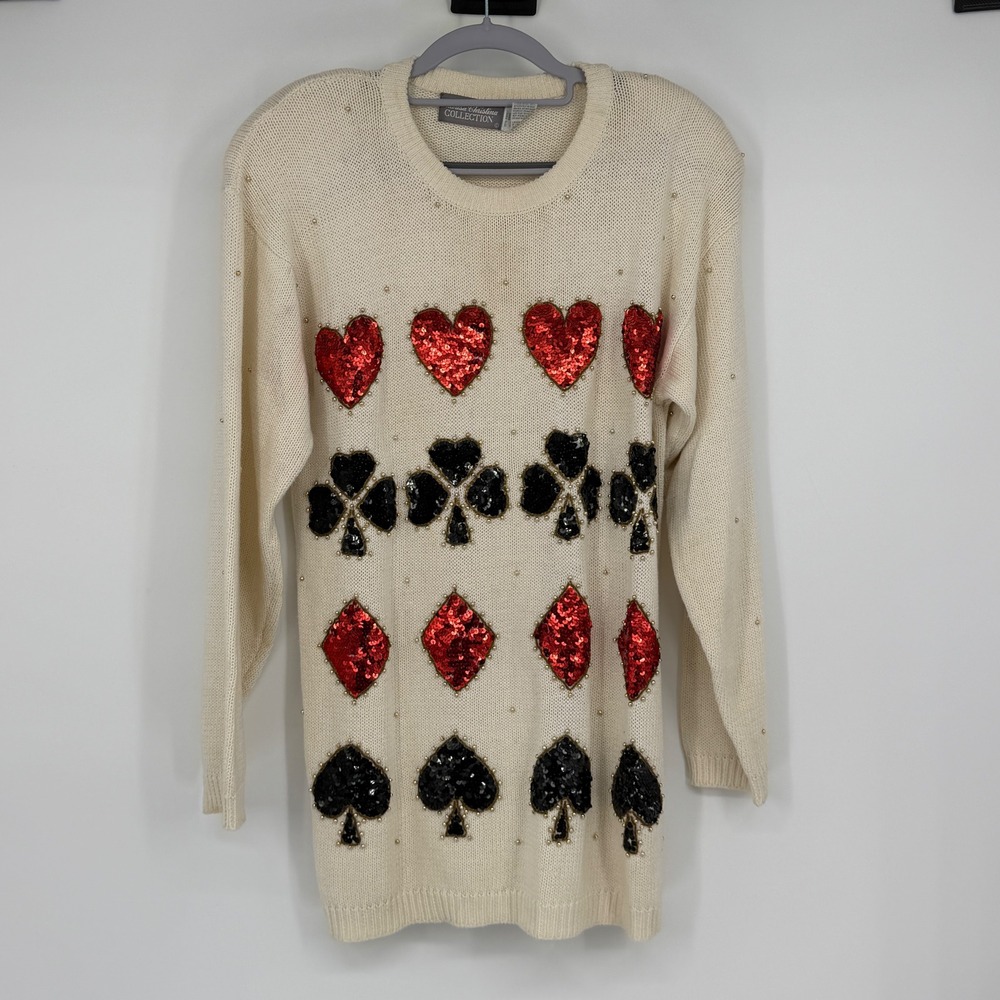 Vintage Marisa Christina Sweater Ivory Sequin Playing Card Suits Novelty